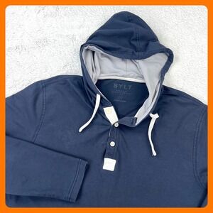 BYLT Drop Cut Hooded Henley Lux Pullover Men's MEDIUM Blue Long Sleeve Hoodie